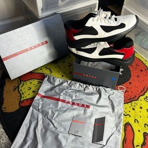 PRADA sz8/us9m Men's America's Cup Patent Leather Low-Top Sneakers Bianco+Rosso